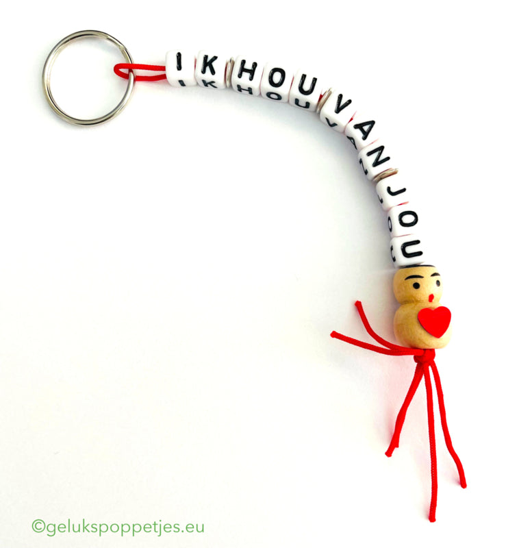 Sleutelhanger ik hou van jou met gelukspoppetje hartje op de buik