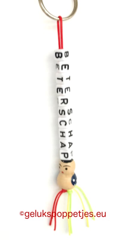 Sleutelhanger beterschap met houten gelukspoppetje