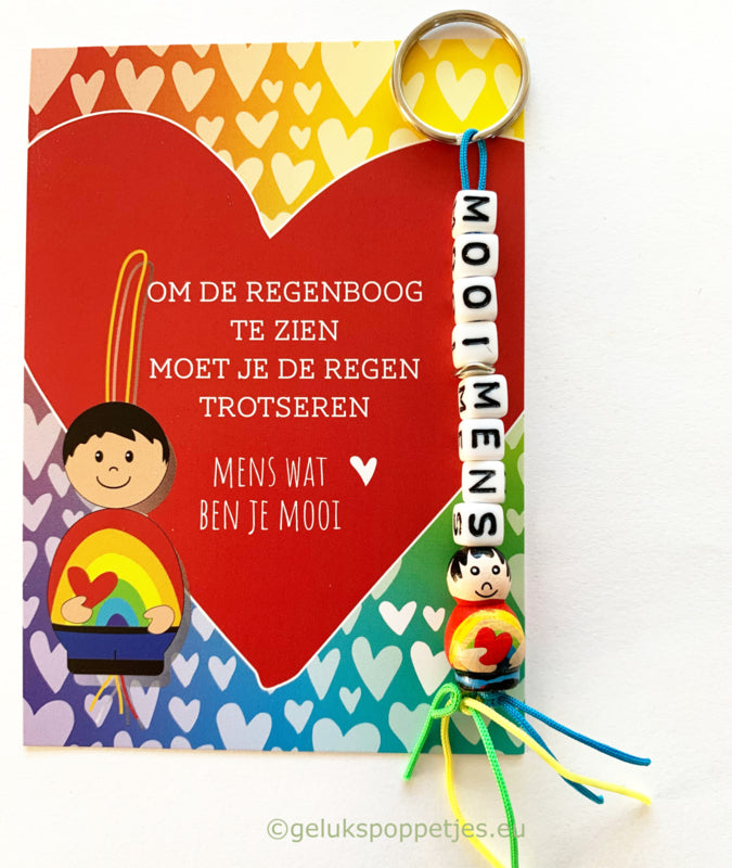 Sleutelhanger Mooi Mens gelukspoppetje met regenboog shirt