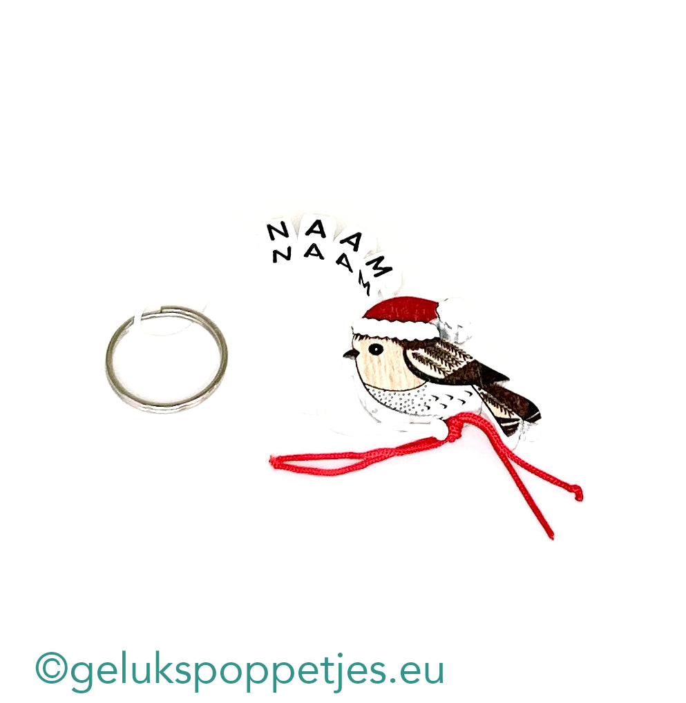 Naam sleutelhanger met gelukspoppetje kerstvogel