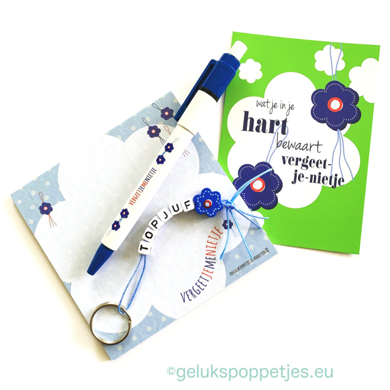 Sleutelhanger met bedankt en gelukspoppetje vergeet-me-nietje
