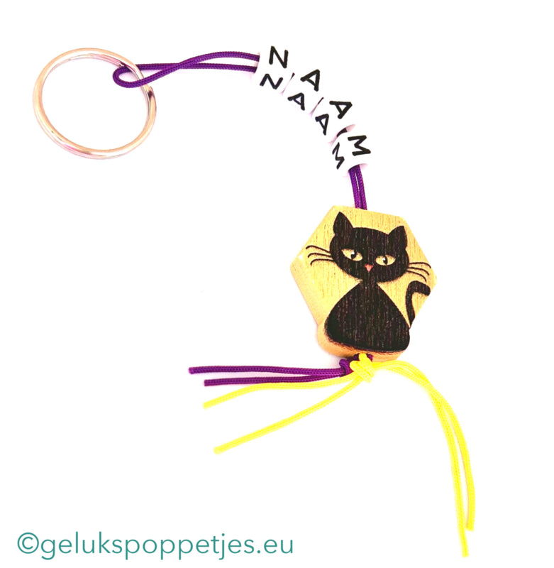 Naam sleutelhanger met gelukspoppetje poesje