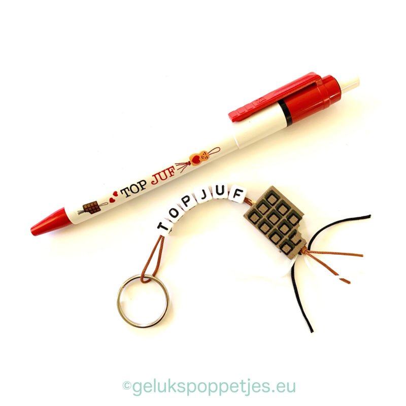 Sleutelhanger top juf met gelukspoppetje chocolade