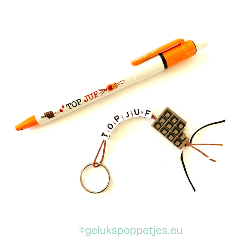 Sleutelhanger top juf met gelukspoppetje chocolade