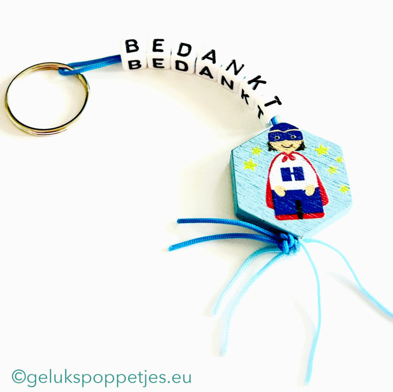 Sleutelhanger bedankt met gelukspoppetje superheld