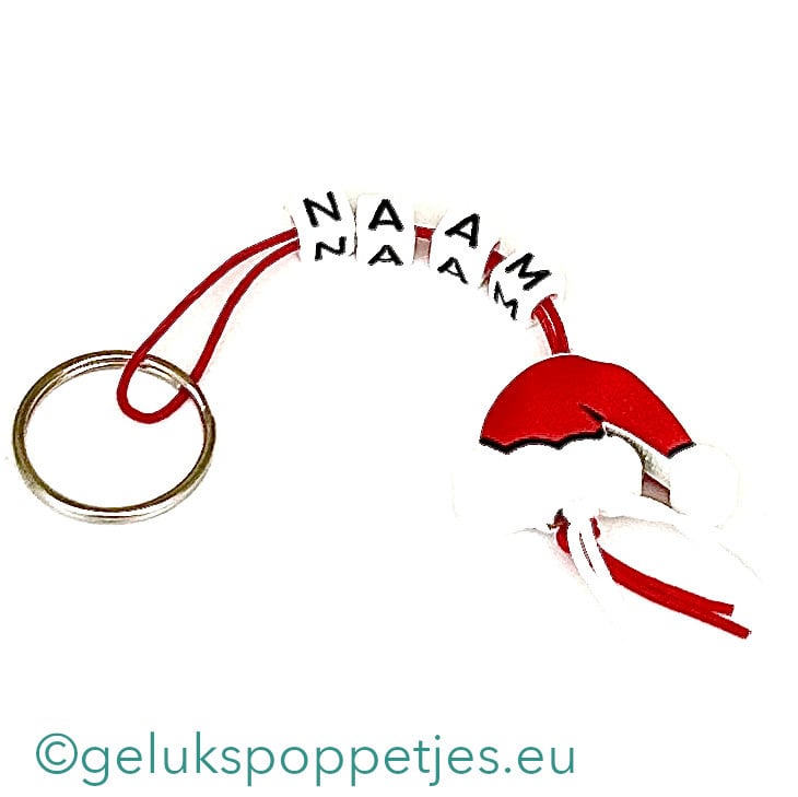 Naam sleutelhanger met gelukspoppetje kerst muts