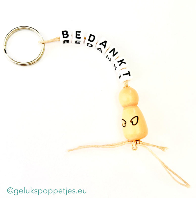 Sleutelhanger bedankt met gelukspoppetje naturel met handjes