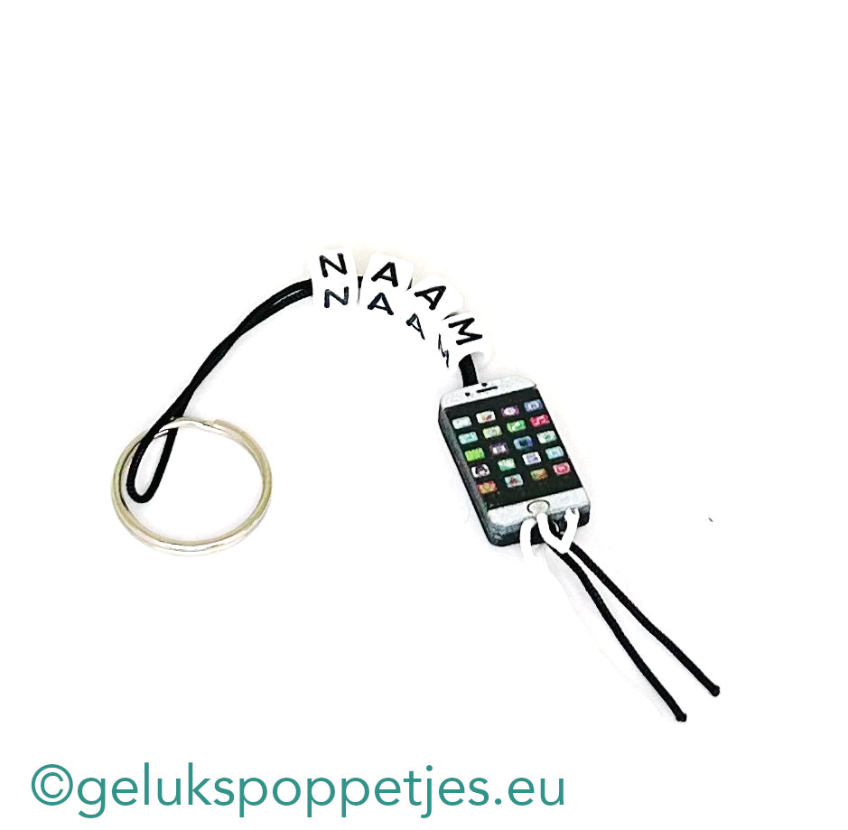 Naam sleutelhanger met gelukspoppetje telefoon