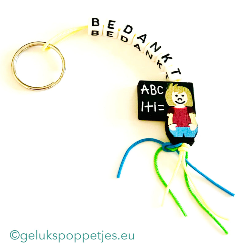 Sleutelhanger bedankt met gelukspoppetje docentje