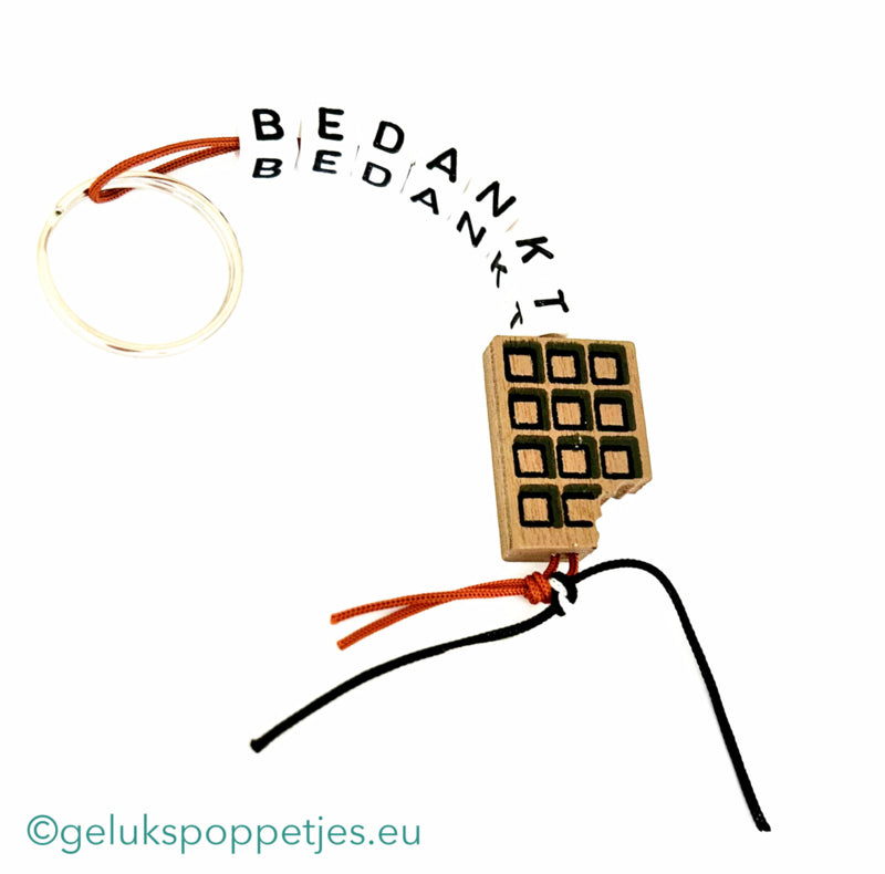 Sleutelhanger bedankt met gelukspoppetje chocola