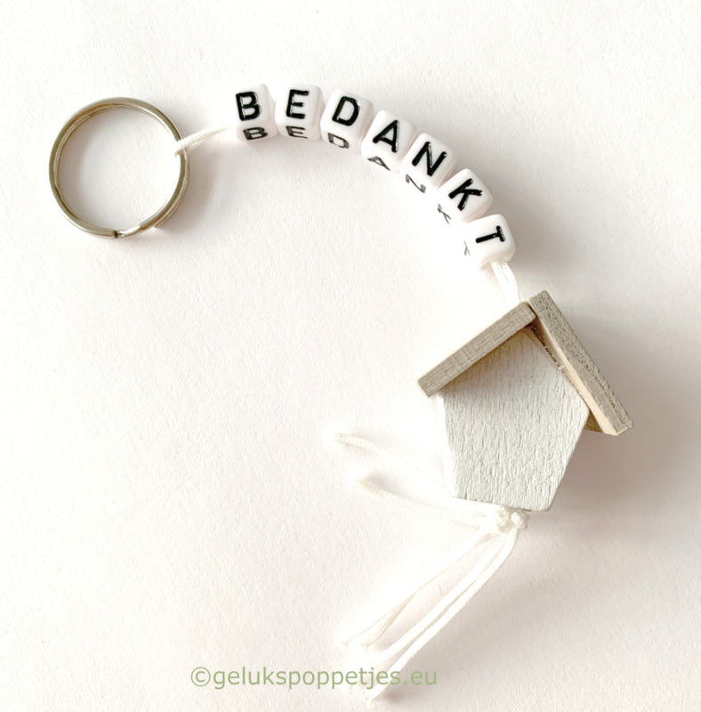 Sleutelhanger bedankt met gelukspoppetje huisje