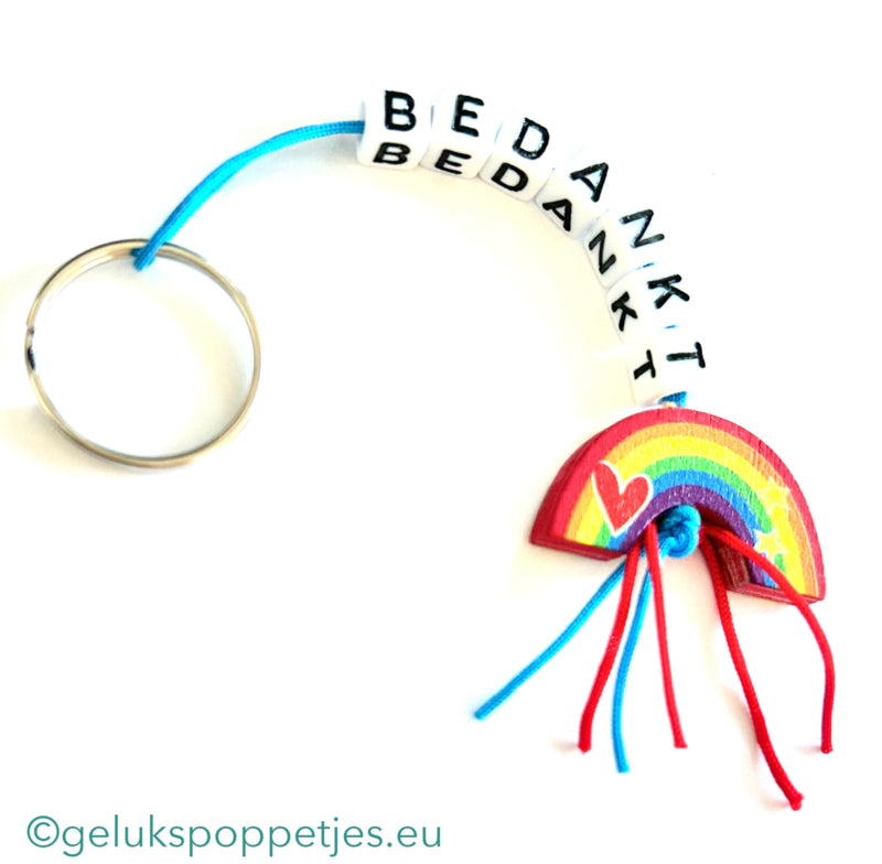 Sleutelhanger bedankt met gelukspoppetje regenboog