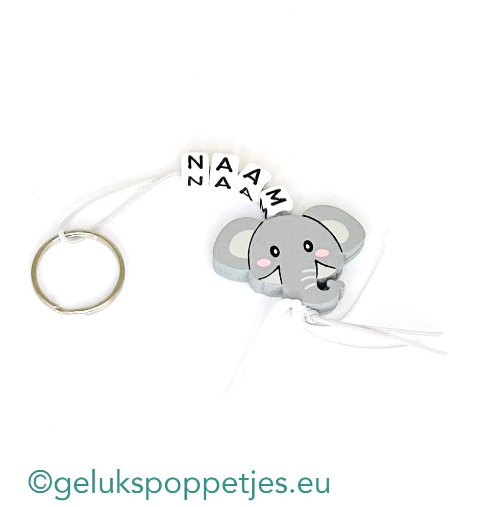 Naam sleutelhanger met gelukspoppetje olifant hoofd