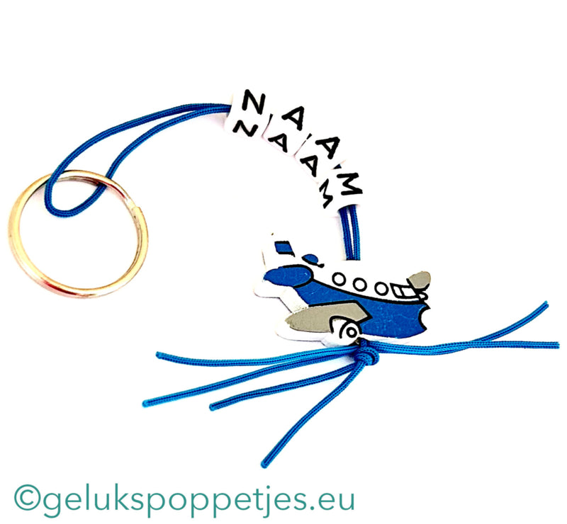 Naam sleutelhanger met gelukspoppetje vliegtuig