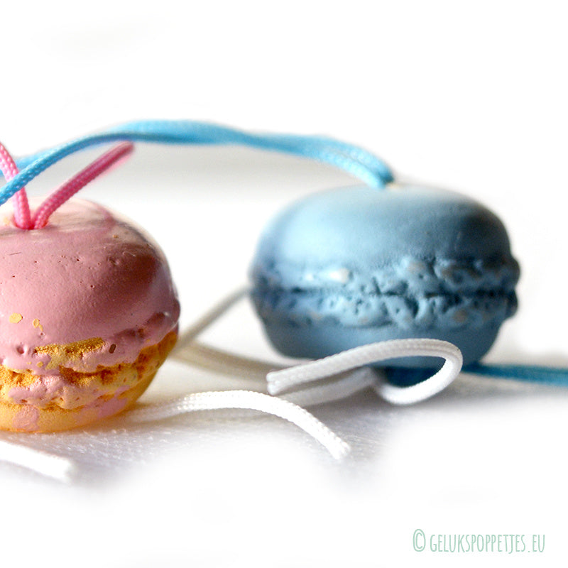 Gelukspoppetje macarons roze en blauw