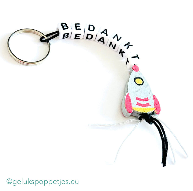 Sleutelhanger bedankt met gelukspoppetje raketje