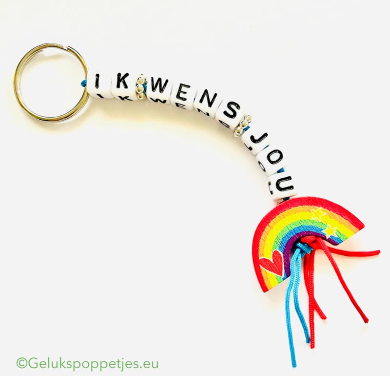Sleutelhanger ik wens jou met gelukspoppetje regenboog