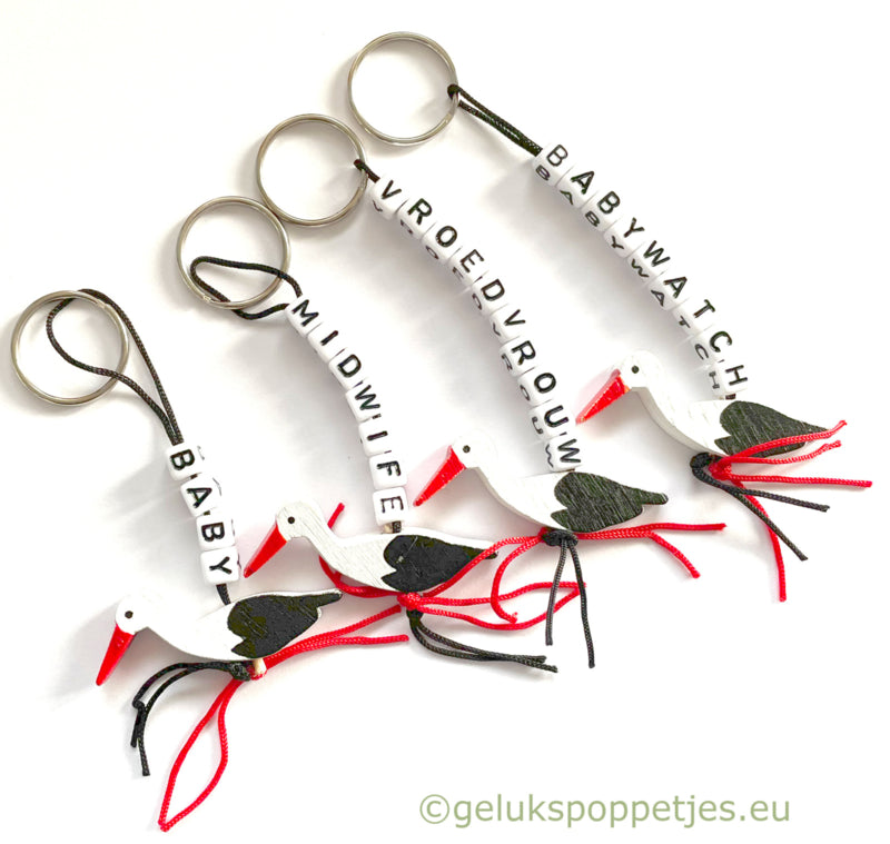 Sleutelhanger baby met gelukspoppetje ooievaar