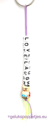 Sleutelhanger love-laugh met houten gelukpoppetje