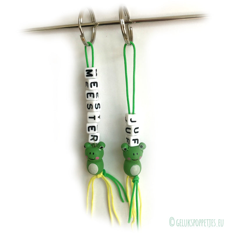 Sleutelhanger meester met gelukspoppetje kikker