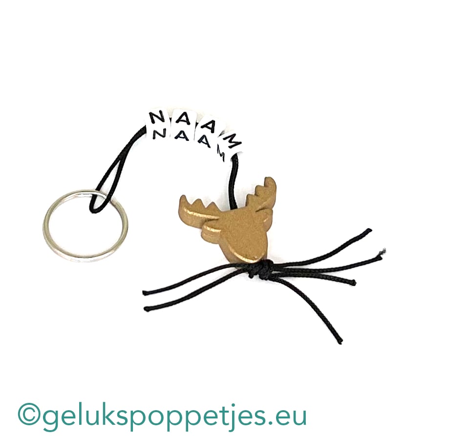 Naam sleutelhanger met plat gelukspoppetje rendier goud