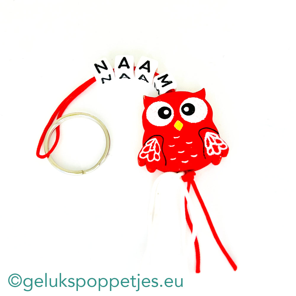 Naam sleutelhanger met plat gelukspoppetje uiltje