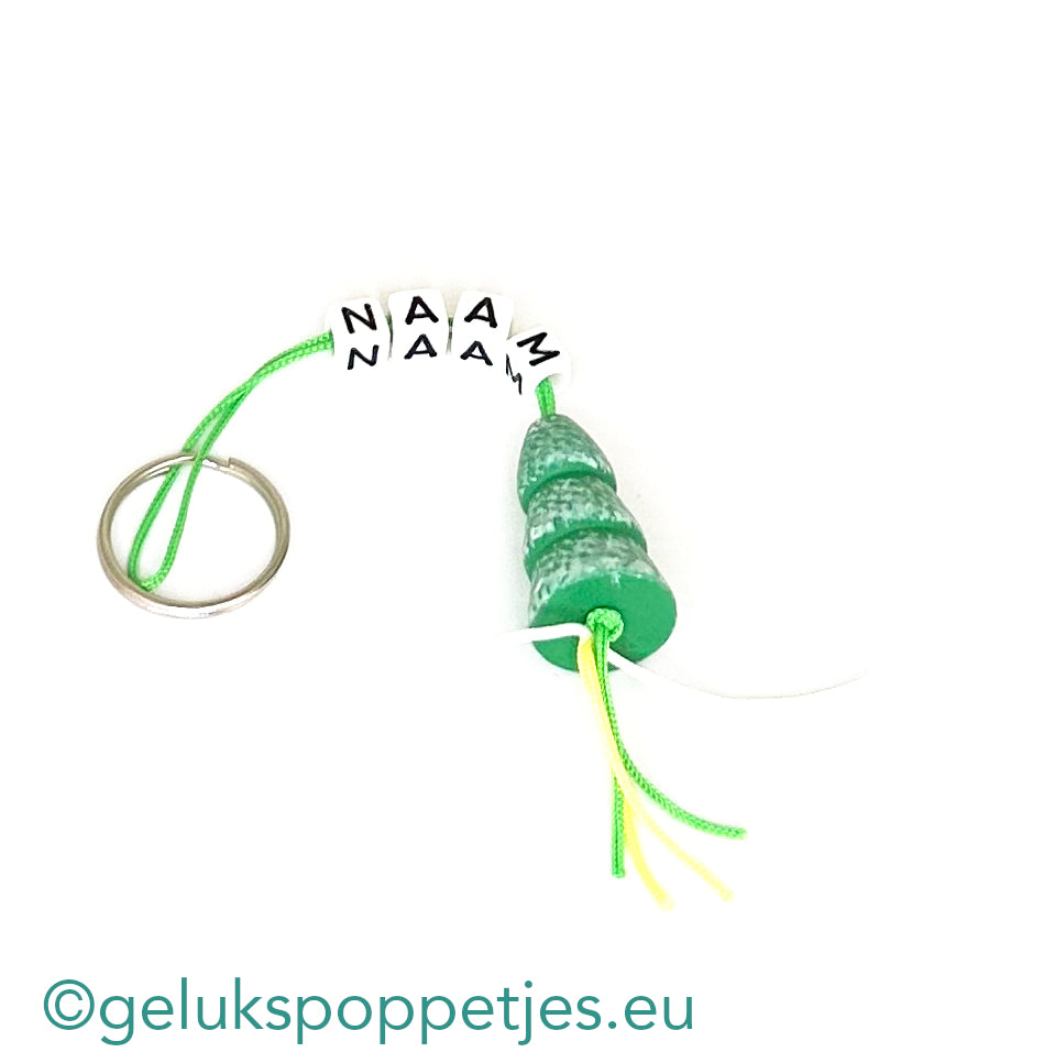 Naam sleutelhanger met gelukspoppetje kerstboom