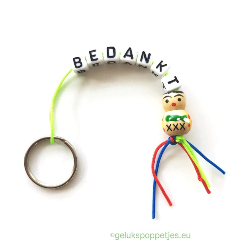 Sleutelhanger bedankt met houten gelukspoppetje