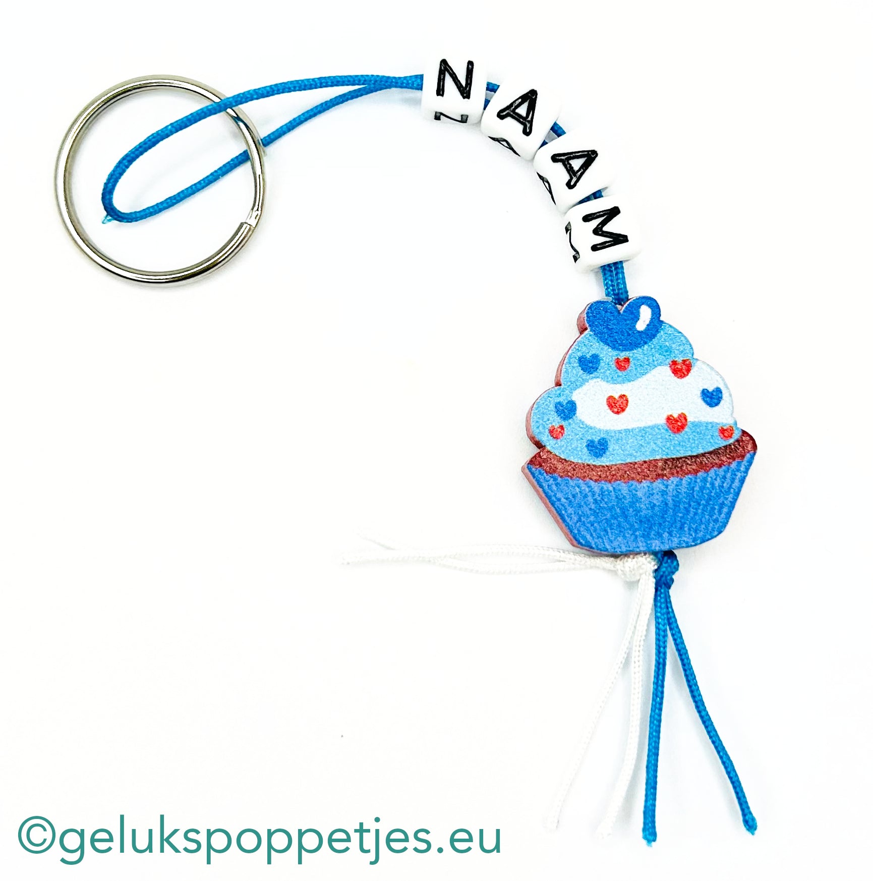 Naam sleutelhanger met gelukspoppetje cupcake blauw
