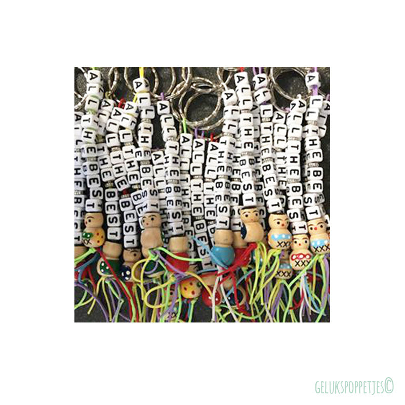 Sleutelhanger alles Gute mit houten gelukspoppetje